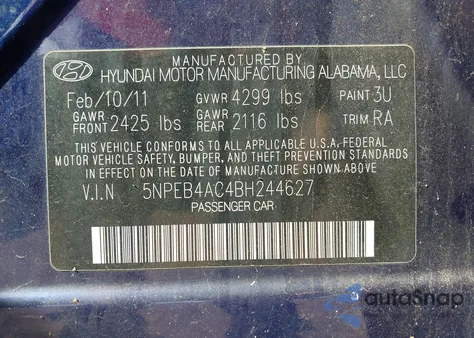 2011 Hyundai Sonata Gls z USA, uszkodzony, nr VIN 5NPEB4AC4BH244627